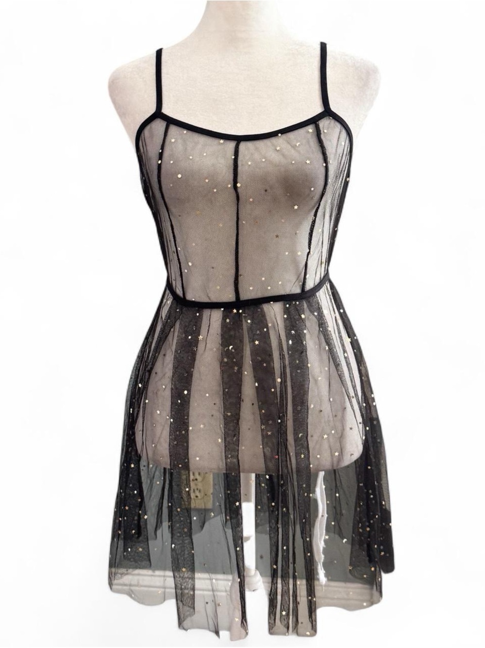 iHeartRaves Sheer Black Mesh Star Cover-Up Dress | Gold Celestial Sequins